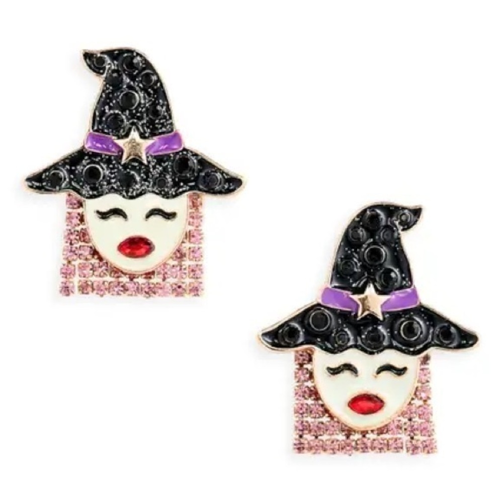 BaubleBar Witch with Fringe Hair Earrings Glow in the Dark Black Pink Purple NWT